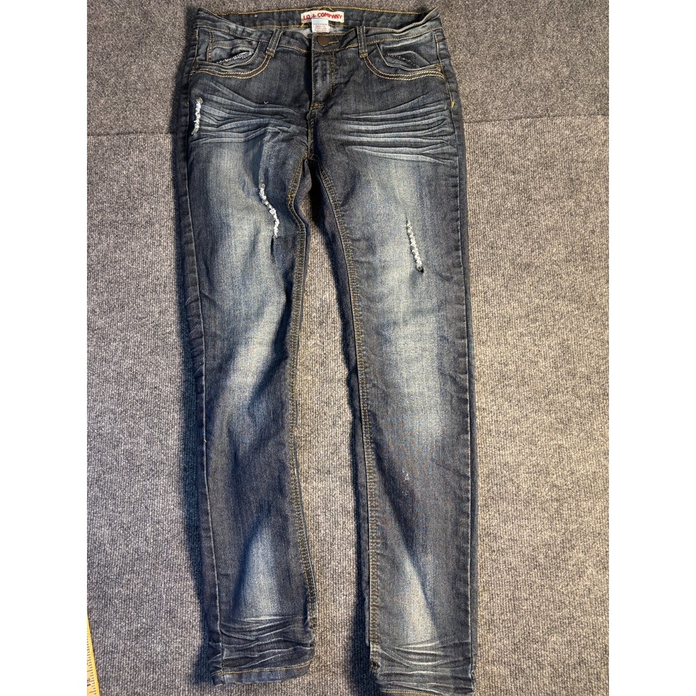 I.Q.& Co Skinny Jeans Womens 11 Blue Denim Stretch Mid Rise Whiskered Distressed